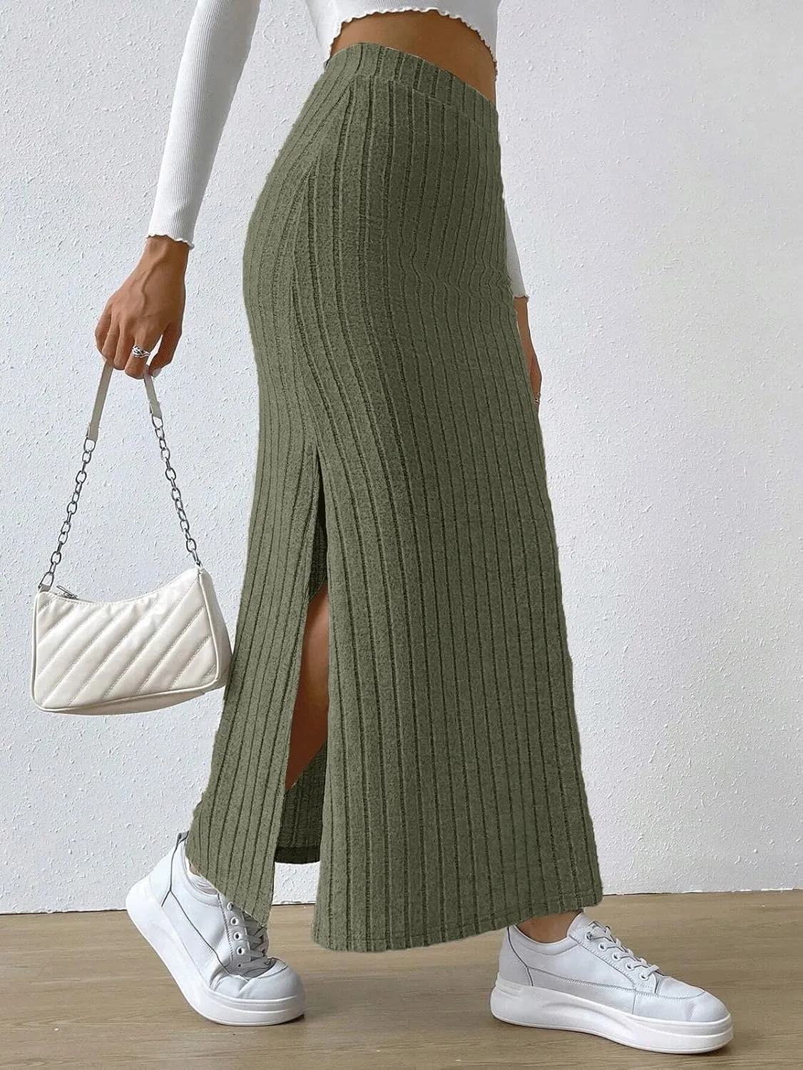 CHARTOU Women Casual Bodycon Stretchy Ribbed Knit Maxi Long Skirt Slit High Waist Pencil Skirt
