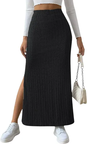 CHARTOU Women Casual Bodycon Stretchy Ribbed Knit Maxi Long Skirt Slit High Waist Pencil Skirt