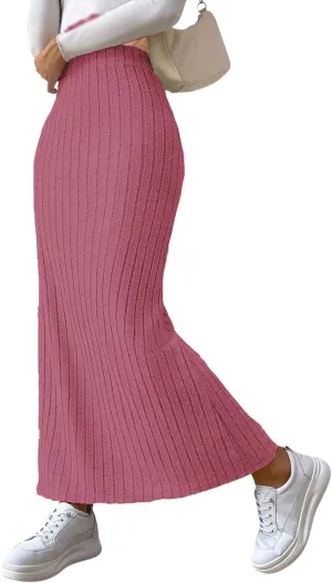 CHARTOU Women Casual Bodycon Stretchy Ribbed Knit Maxi Long Skirt Slit High Waist Pencil Skirt