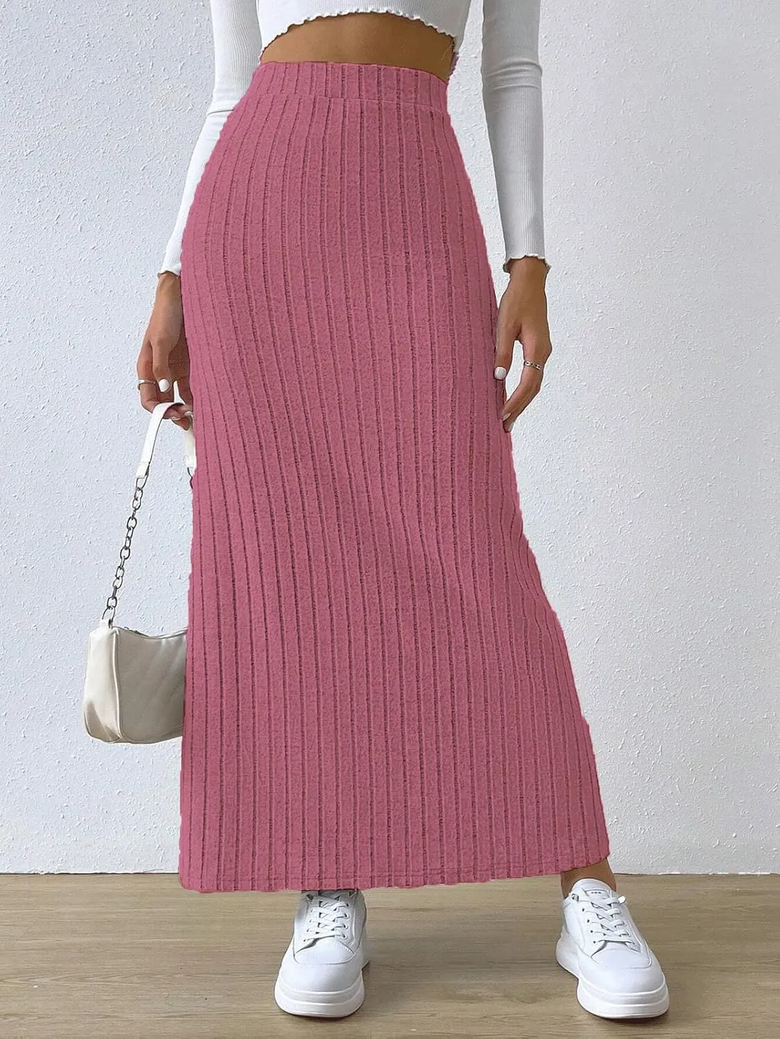 CHARTOU Women Casual Bodycon Stretchy Ribbed Knit Maxi Long Skirt Slit High Waist Pencil Skirt