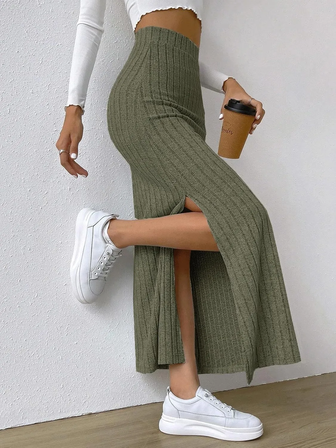 CHARTOU Women Casual Bodycon Stretchy Ribbed Knit Maxi Long Skirt Slit High Waist Pencil Skirt