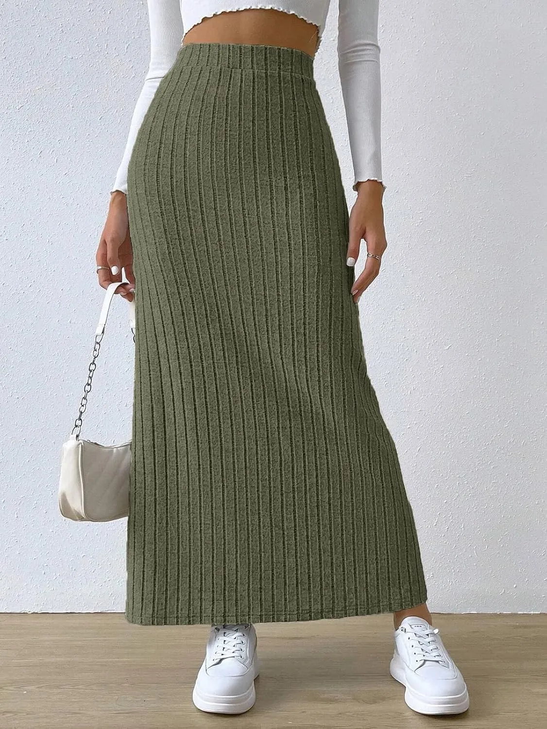 CHARTOU Women Casual Bodycon Stretchy Ribbed Knit Maxi Long Skirt Slit High Waist Pencil Skirt