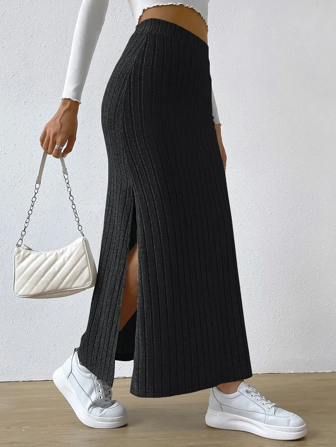 CHARTOU Women Casual Bodycon Stretchy Ribbed Knit Maxi Long Skirt Slit High Waist Pencil Skirt