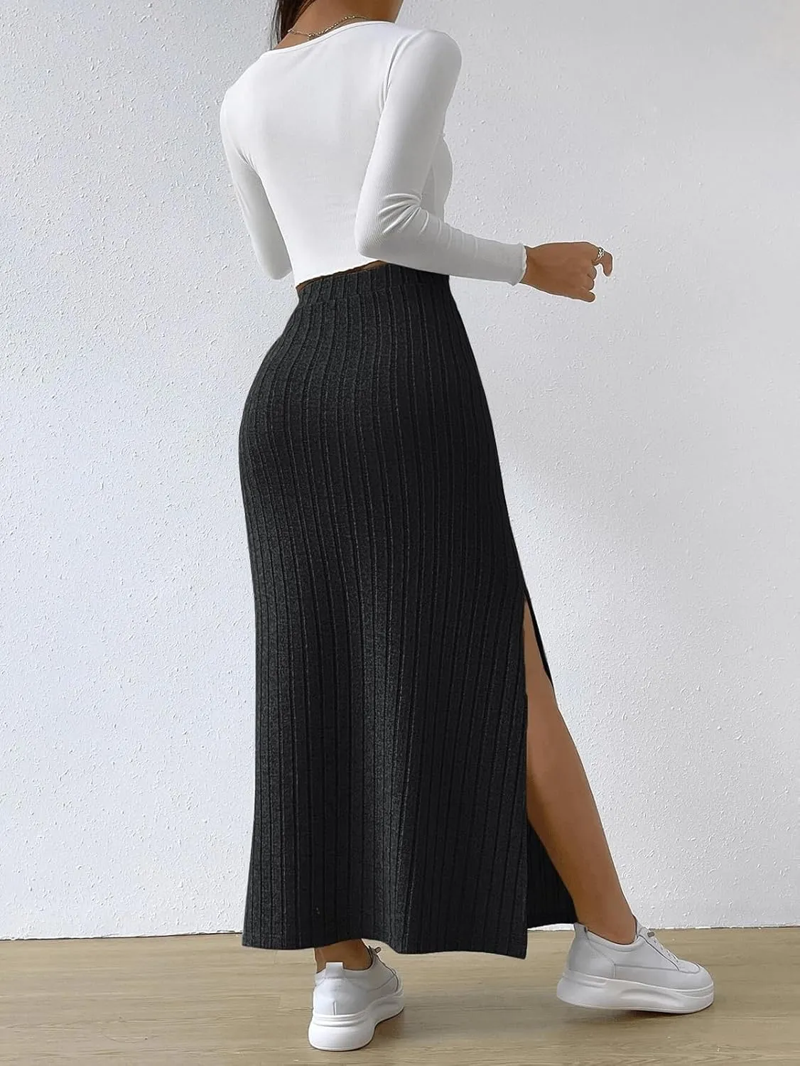 CHARTOU Women Casual Bodycon Stretchy Ribbed Knit Maxi Long Skirt Slit High Waist Pencil Skirt