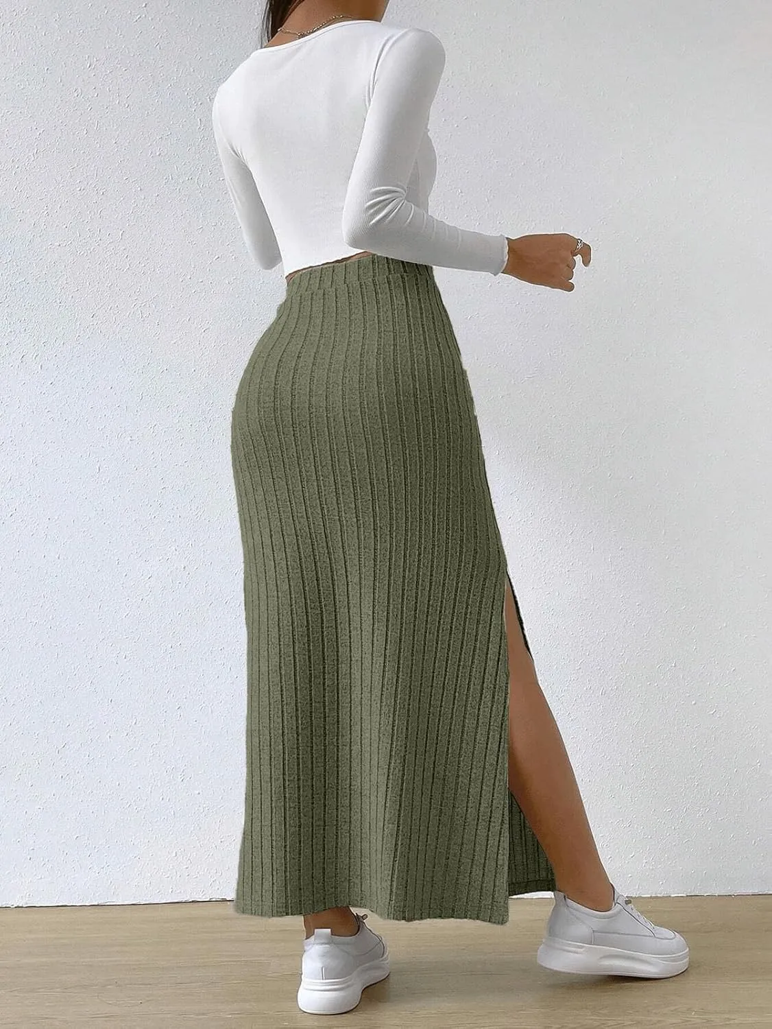 CHARTOU Women Casual Bodycon Stretchy Ribbed Knit Maxi Long Skirt Slit High Waist Pencil Skirt