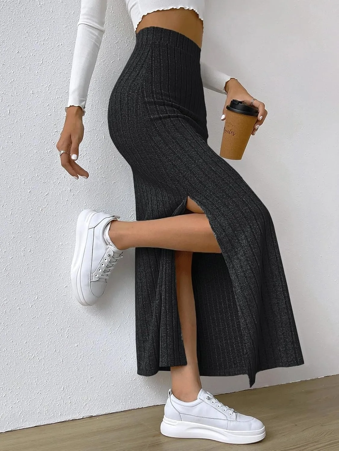 CHARTOU Women Casual Bodycon Stretchy Ribbed Knit Maxi Long Skirt Slit High Waist Pencil Skirt