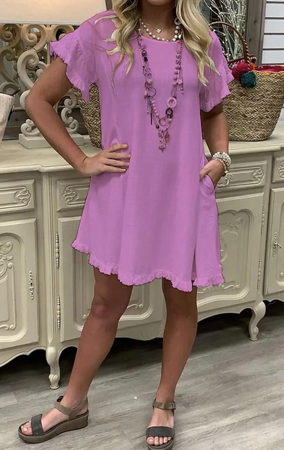 CHARTOU Women Loose Linen Mini Dress Summer Modest Frayed T Shirt Dress Flowy Ruffle Short Sleeve Shift Dress Pocket