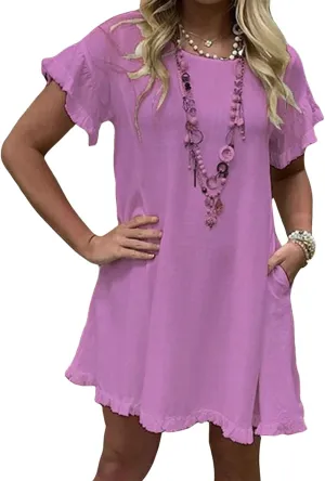 CHARTOU Women Loose Linen Mini Dress Summer Modest Frayed T Shirt Dress Flowy Ruffle Short Sleeve Shift Dress Pocket