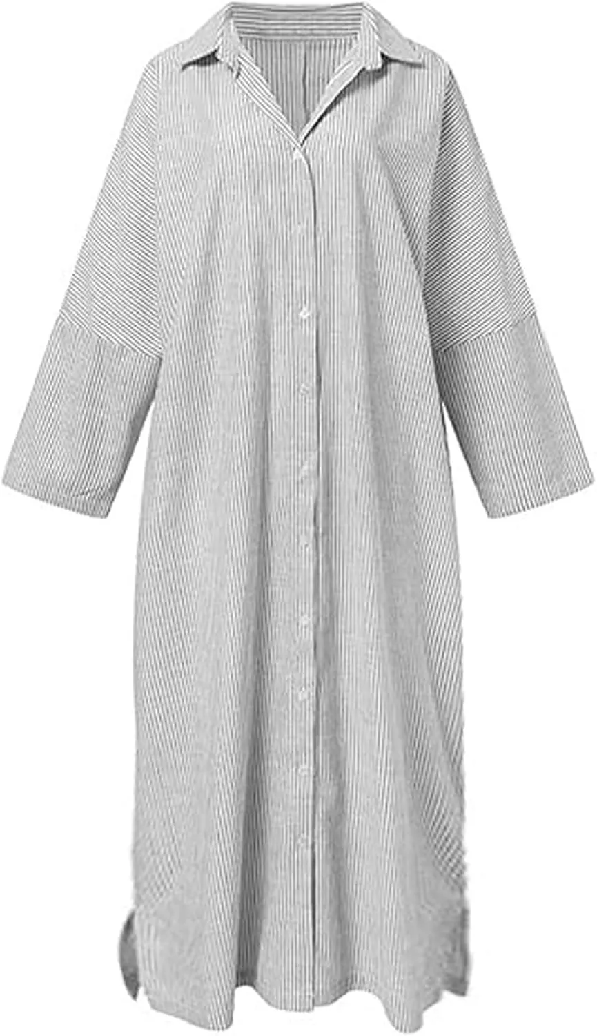 CHARTOU Women Loose Striped Shirt Dress Long Sleeve Flowy Shift Dress Button Up Cotton Maxi Dress Kimono Beach Cover Ups