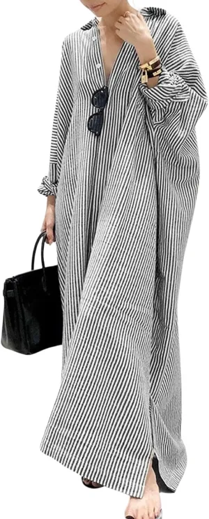 CHARTOU Women Loose Striped Shirt Dress Long Sleeve Flowy Shift Dress Button Up Cotton Maxi Dress Kimono Beach Cover Ups