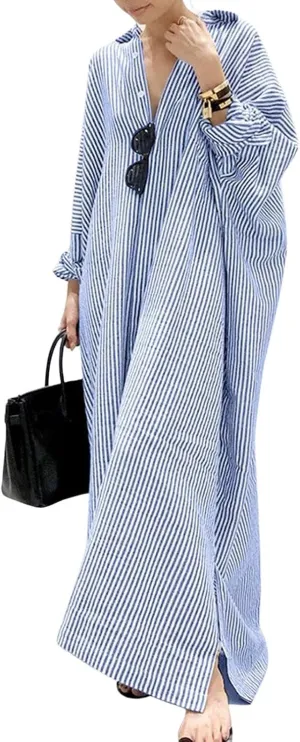CHARTOU Women Loose Striped Shirt Dress Long Sleeve Flowy Shift Dress Button Up Cotton Maxi Dress Kimono Beach Cover Ups