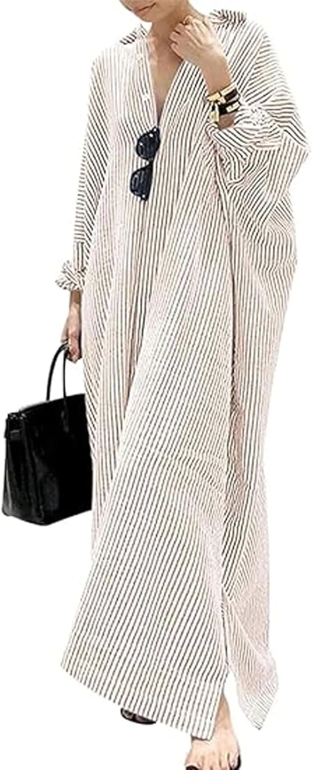 CHARTOU Women Loose Striped Shirt Dress Long Sleeve Flowy Shift Dress Button Up Cotton Maxi Dress Kimono Beach Cover Ups