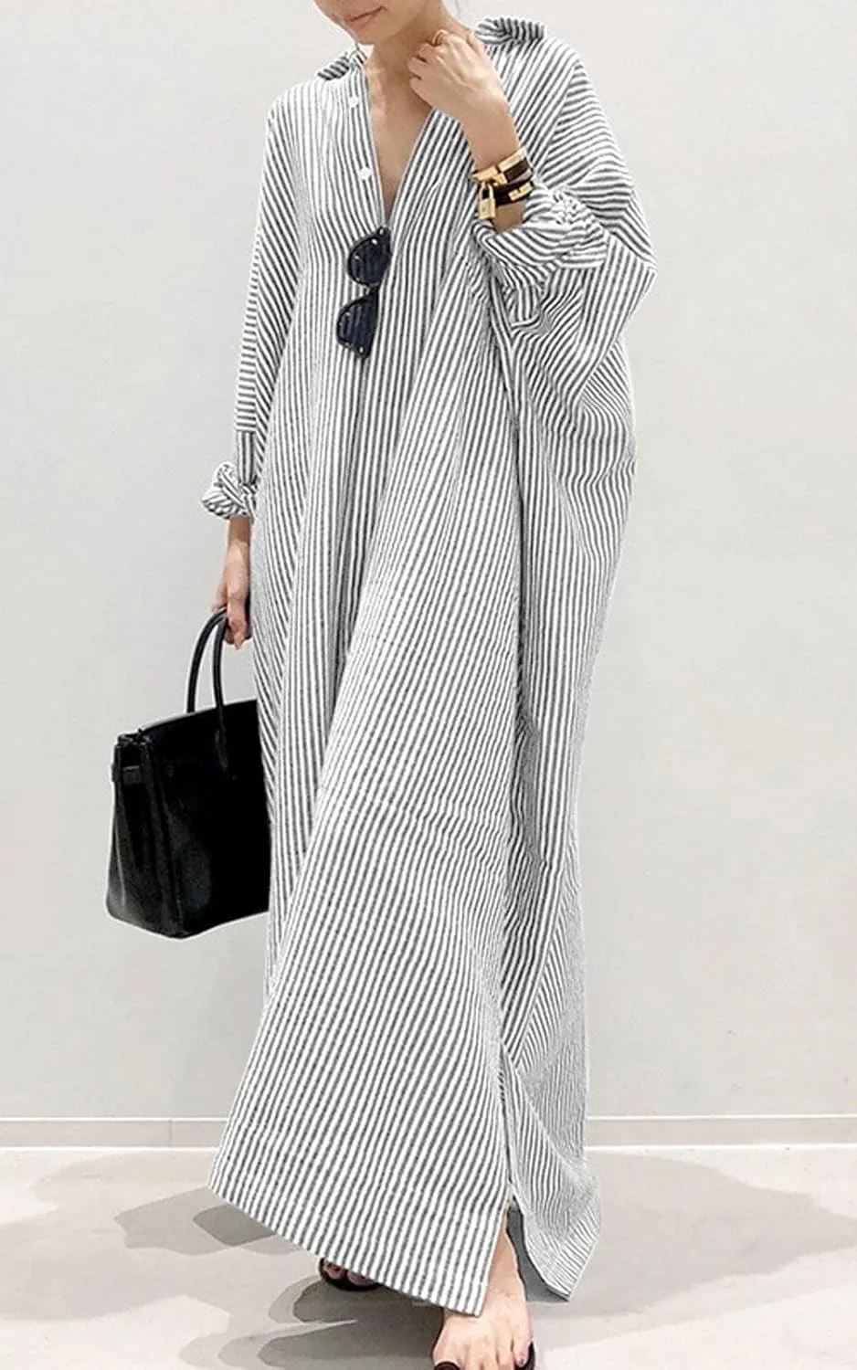 CHARTOU Women Loose Striped Shirt Dress Long Sleeve Flowy Shift Dress Button Up Cotton Maxi Dress Kimono Beach Cover Ups
