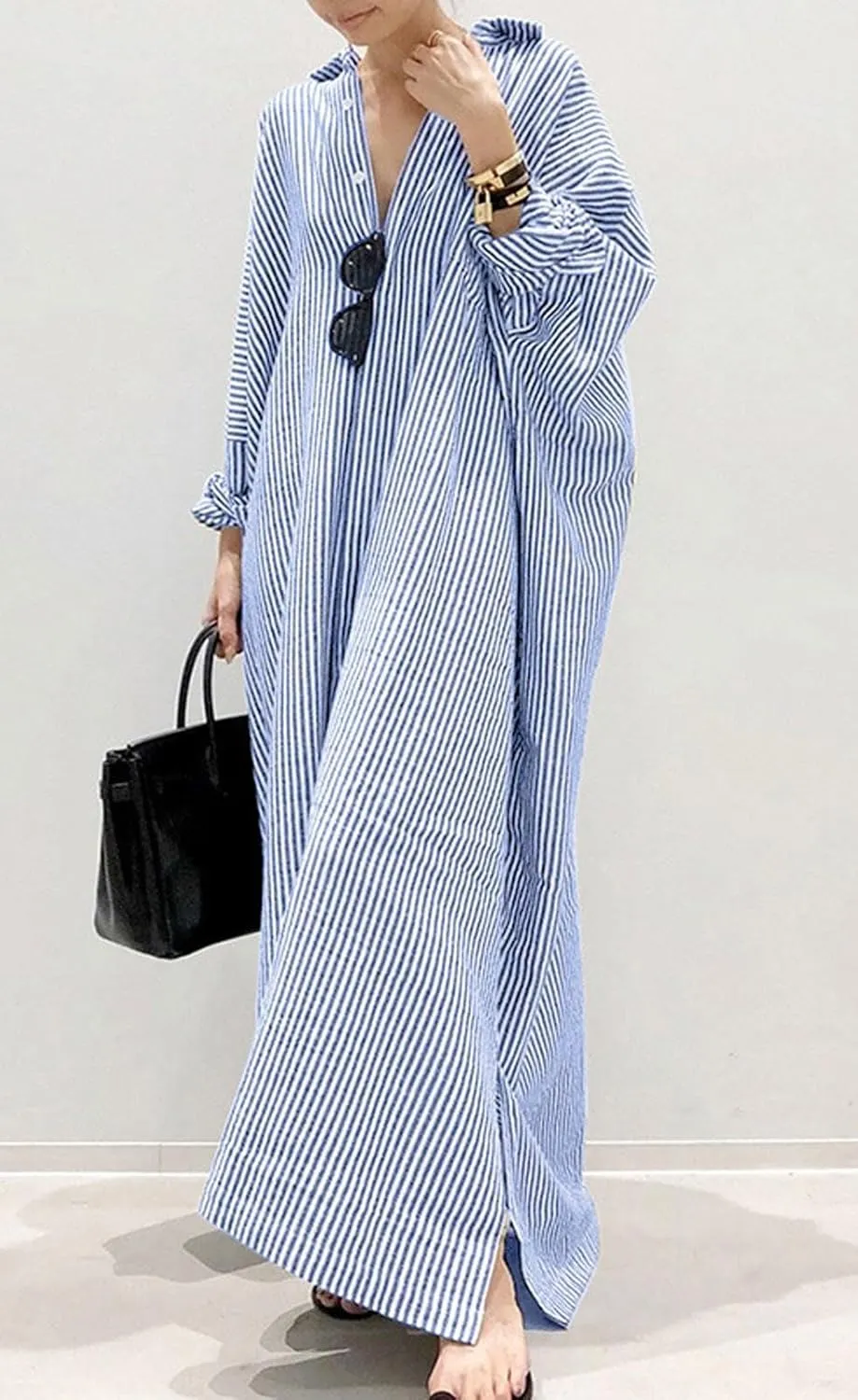 CHARTOU Women Loose Striped Shirt Dress Long Sleeve Flowy Shift Dress Button Up Cotton Maxi Dress Kimono Beach Cover Ups