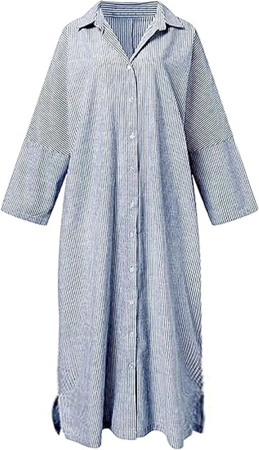 CHARTOU Women Loose Striped Shirt Dress Long Sleeve Flowy Shift Dress Button Up Cotton Maxi Dress Kimono Beach Cover Ups