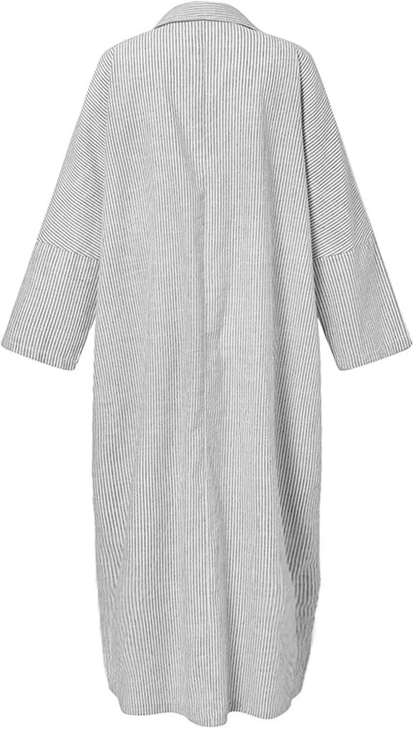 CHARTOU Women Loose Striped Shirt Dress Long Sleeve Flowy Shift Dress Button Up Cotton Maxi Dress Kimono Beach Cover Ups