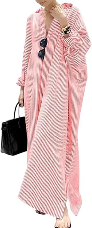 CHARTOU Women Loose Striped Shirt Dress Long Sleeve Flowy Shift Dress Button Up Cotton Maxi Dress Kimono Beach Cover Ups