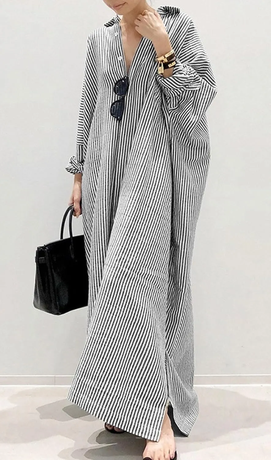 CHARTOU Women Loose Striped Shirt Dress Long Sleeve Flowy Shift Dress Button Up Cotton Maxi Dress Kimono Beach Cover Ups