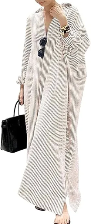 CHARTOU Women Loose Striped Shirt Dress Long Sleeve Flowy Shift Dress Button Up Cotton Maxi Dress Kimono Beach Cover Ups