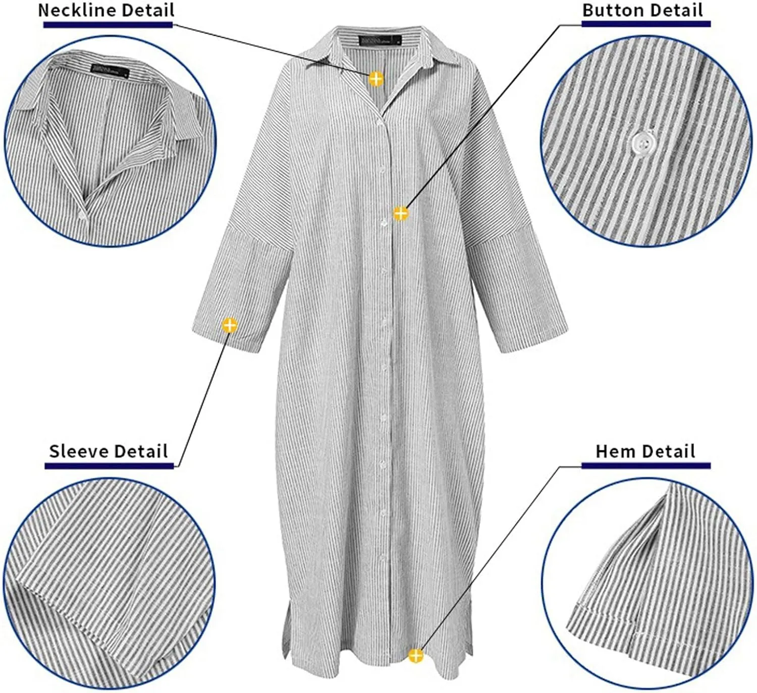 CHARTOU Women Loose Striped Shirt Dress Long Sleeve Flowy Shift Dress Button Up Cotton Maxi Dress Kimono Beach Cover Ups