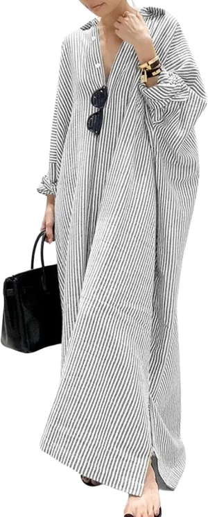 CHARTOU Women Loose Striped Shirt Dress Long Sleeve Flowy Shift Dress Button Up Cotton Maxi Dress Kimono Beach Cover Ups