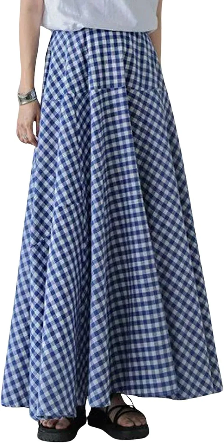 CHARTOU Women Plaid Maxi Skirt Pleated Long Skirt Summer A Line Skirt Flared Elastic High Waisted Flowy Skirt