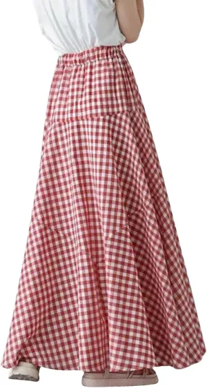 CHARTOU Women Plaid Maxi Skirt Pleated Long Skirt Summer A Line Skirt Flared Elastic High Waisted Flowy Skirt