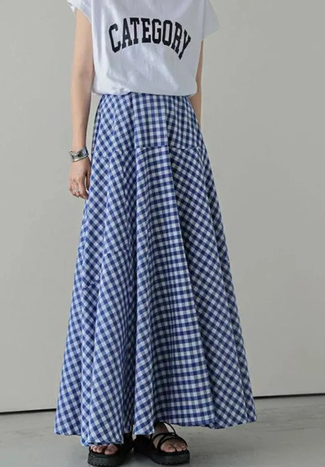 CHARTOU Women Plaid Maxi Skirt Pleated Long Skirt Summer A Line Skirt Flared Elastic High Waisted Flowy Skirt