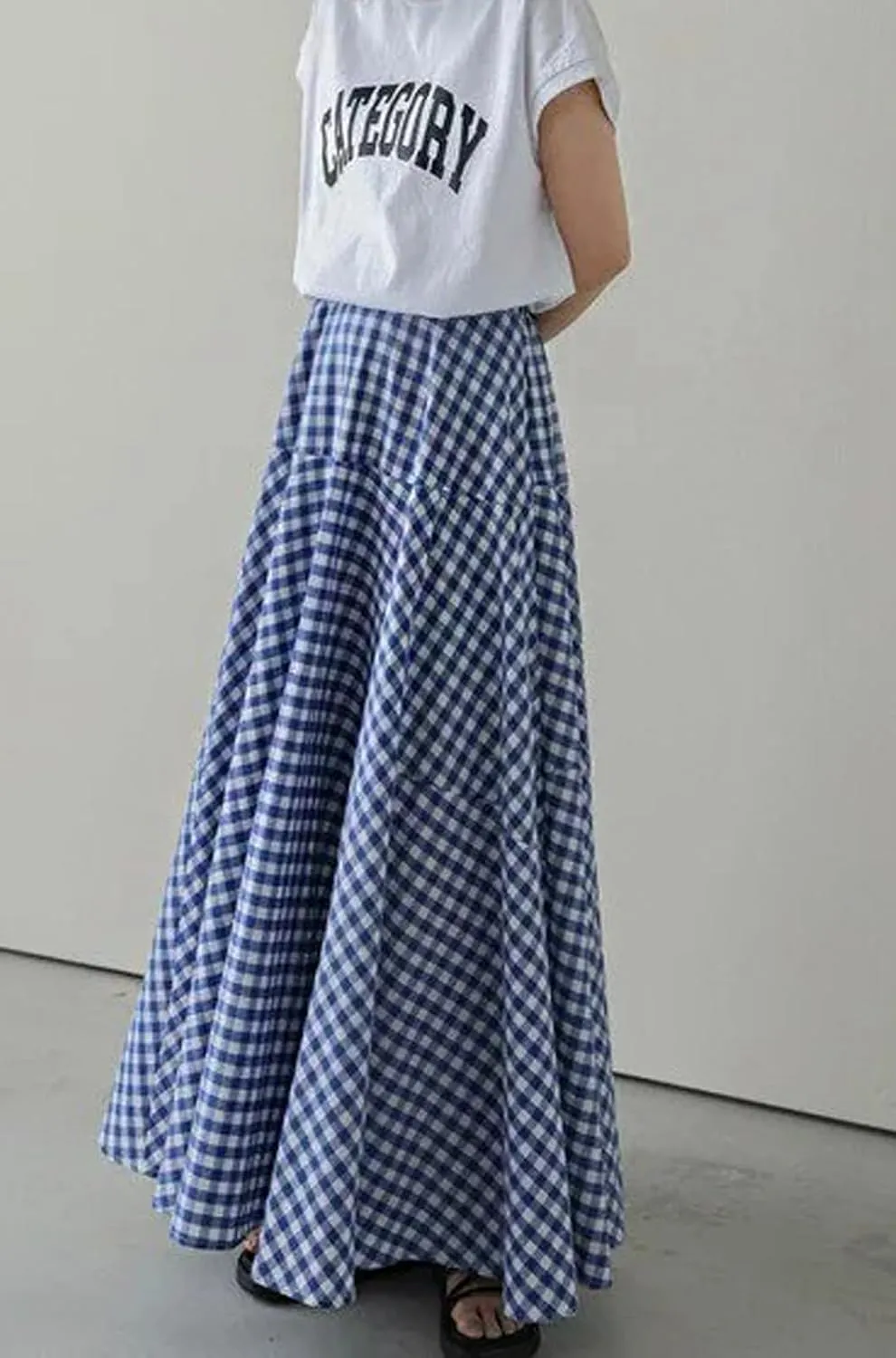 CHARTOU Women Plaid Maxi Skirt Pleated Long Skirt Summer A Line Skirt Flared Elastic High Waisted Flowy Skirt