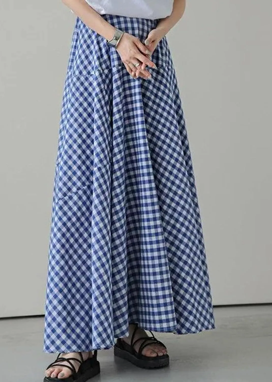 CHARTOU Women Plaid Maxi Skirt Pleated Long Skirt Summer A Line Skirt Flared Elastic High Waisted Flowy Skirt