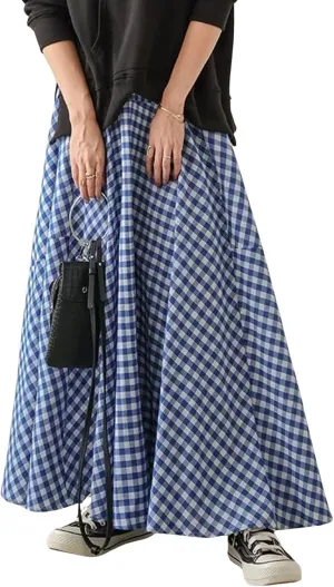 CHARTOU Women Plaid Maxi Skirt Pleated Long Skirt Summer A Line Skirt Flared Elastic High Waisted Flowy Skirt