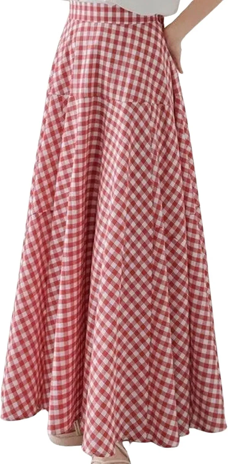 CHARTOU Women Plaid Maxi Skirt Pleated Long Skirt Summer A Line Skirt Flared Elastic High Waisted Flowy Skirt