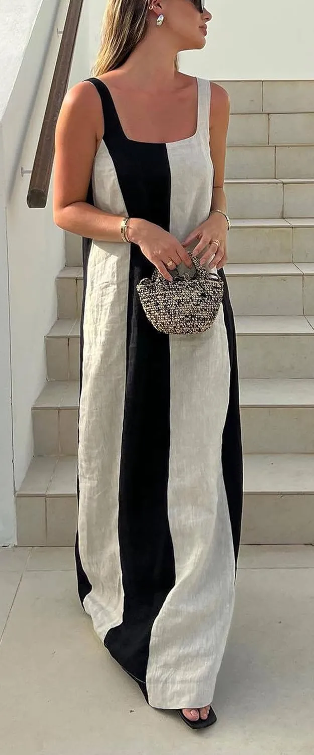 CHARTOU Women Summer Sleeveless Linen Dress Contrast Color Maxi Long Beach Vacation Tank Dress
