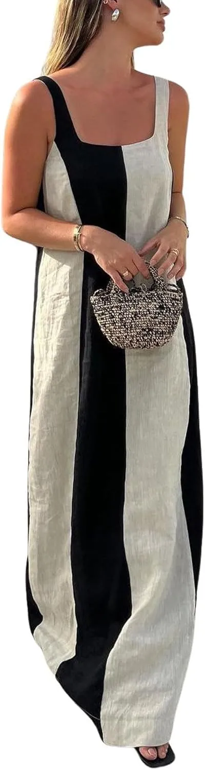 CHARTOU Women Summer Sleeveless Linen Dress Contrast Color Maxi Long Beach Vacation Tank Dress