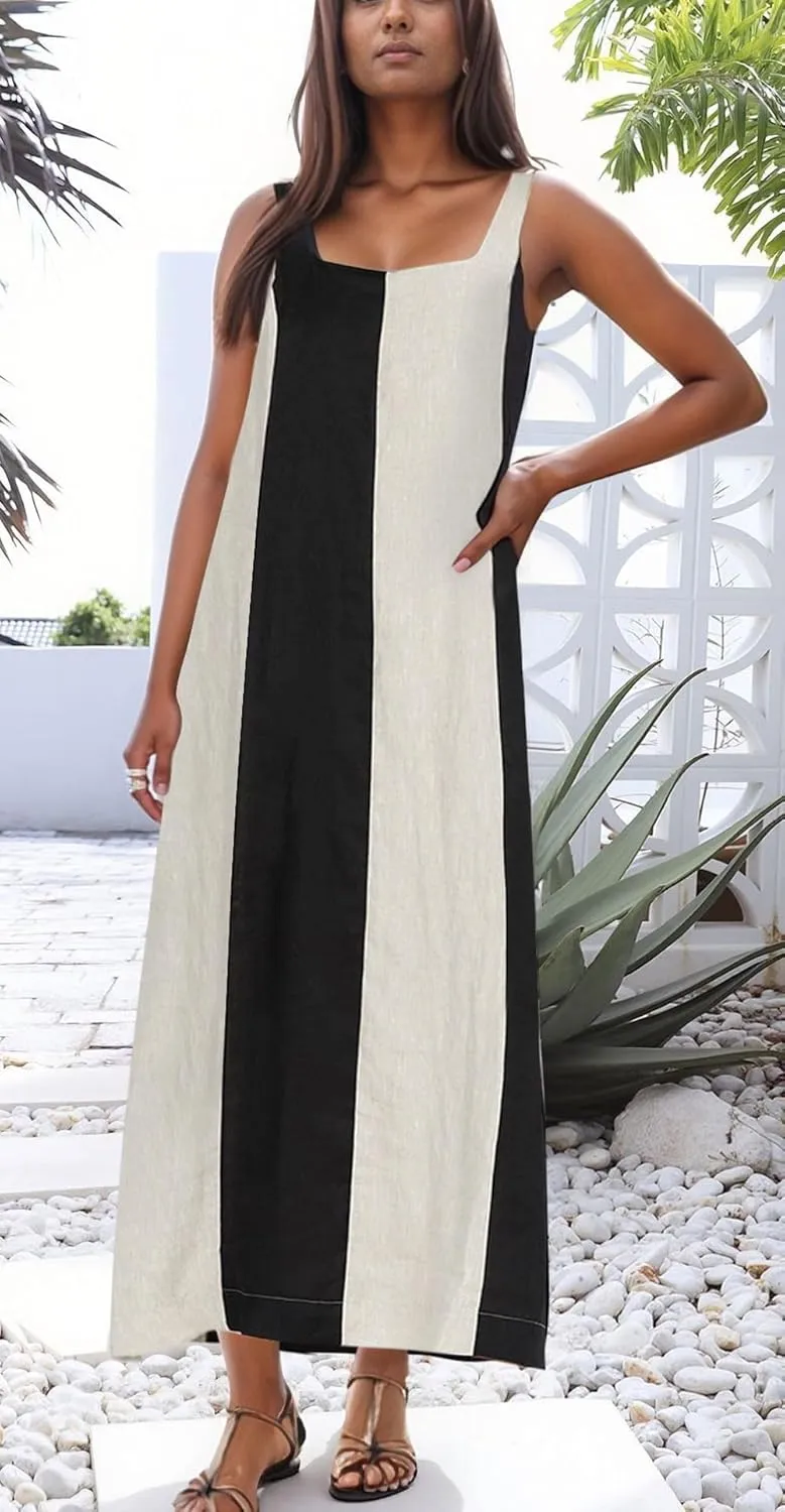 CHARTOU Women Summer Sleeveless Linen Dress Contrast Color Maxi Long Beach Vacation Tank Dress