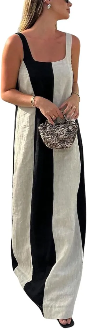 CHARTOU Women Summer Sleeveless Linen Dress Contrast Color Maxi Long Beach Vacation Tank Dress