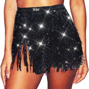 Christmas Sequin Tassel Skirt Belly Dance Skirt Sparkly Hip Scarf Skirt New Year Party Costume for Women