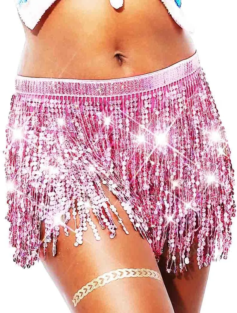 Christmas Sequin Tassel Skirt Belly Dance Skirt Sparkly Hip Scarf Skirt New Year Party Costume for Women