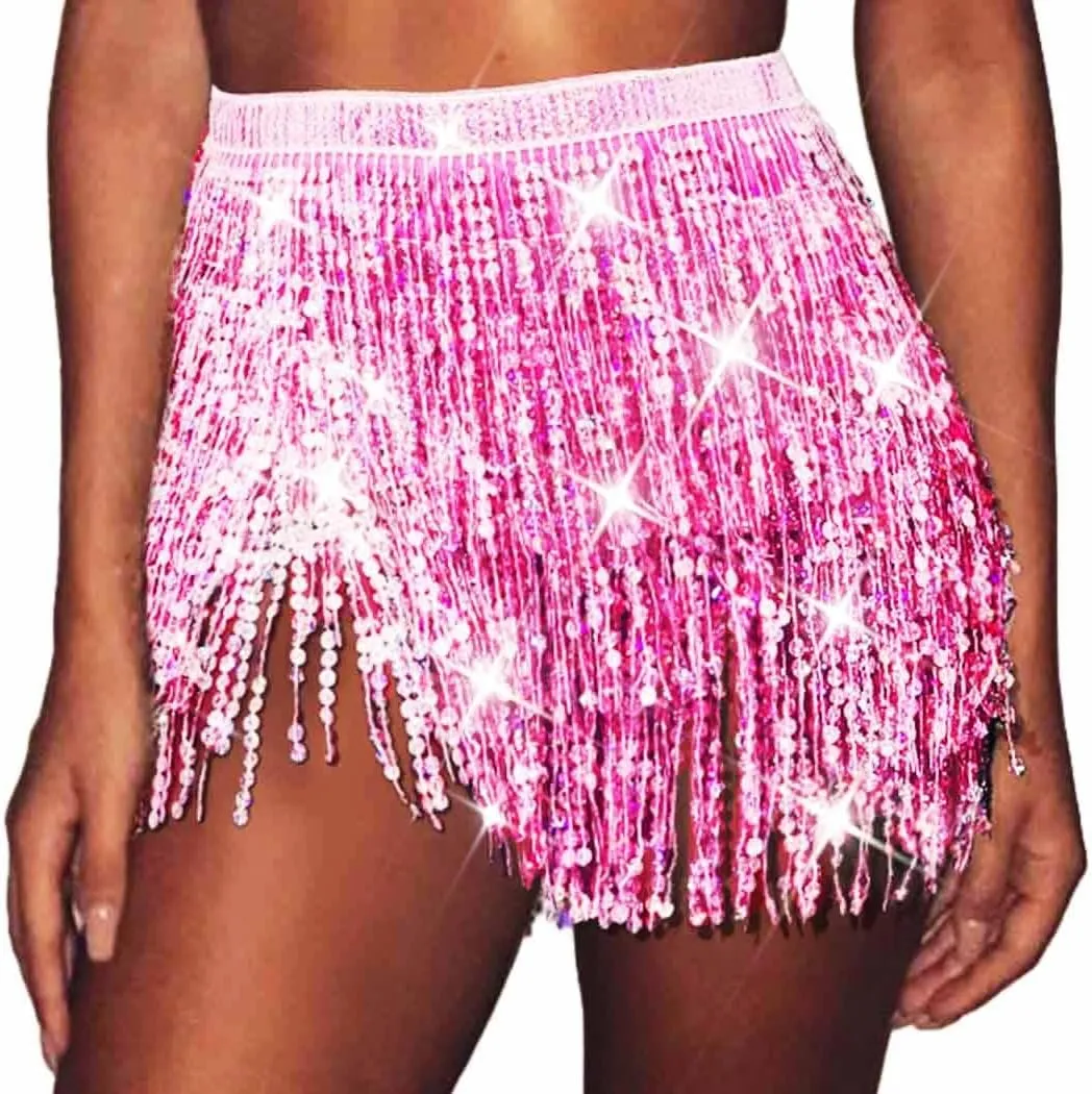 Christmas Sequin Tassel Skirt Belly Dance Skirt Sparkly Hip Scarf Skirt New Year Party Costume for Women
