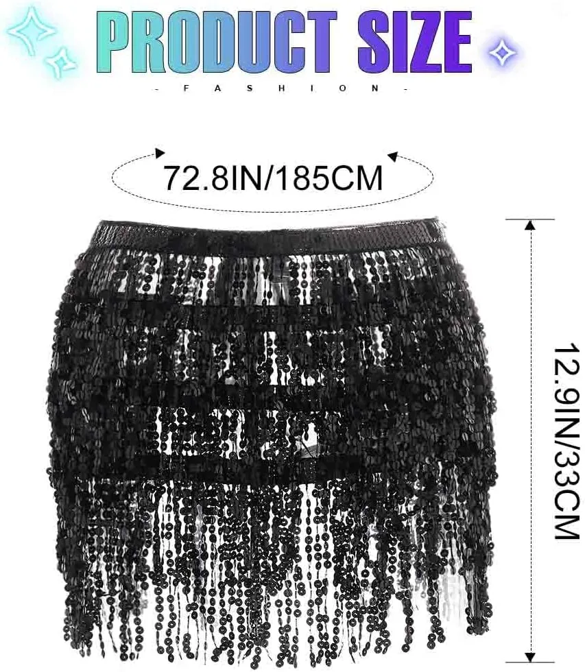 Christmas Sequin Tassel Skirt Belly Dance Skirt Sparkly Hip Scarf Skirt New Year Party Costume for Women