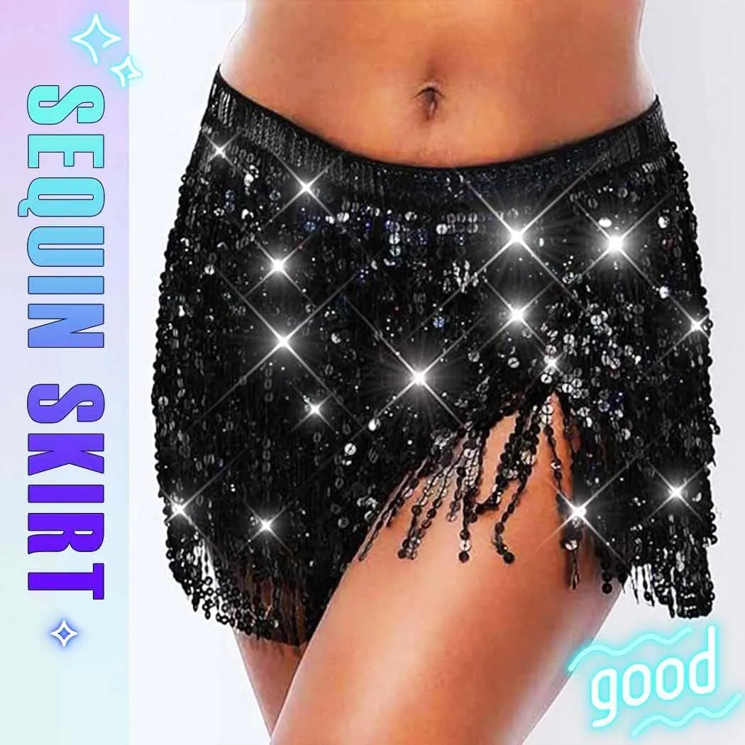 Christmas Sequin Tassel Skirt Belly Dance Skirt Sparkly Hip Scarf Skirt New Year Party Costume for Women