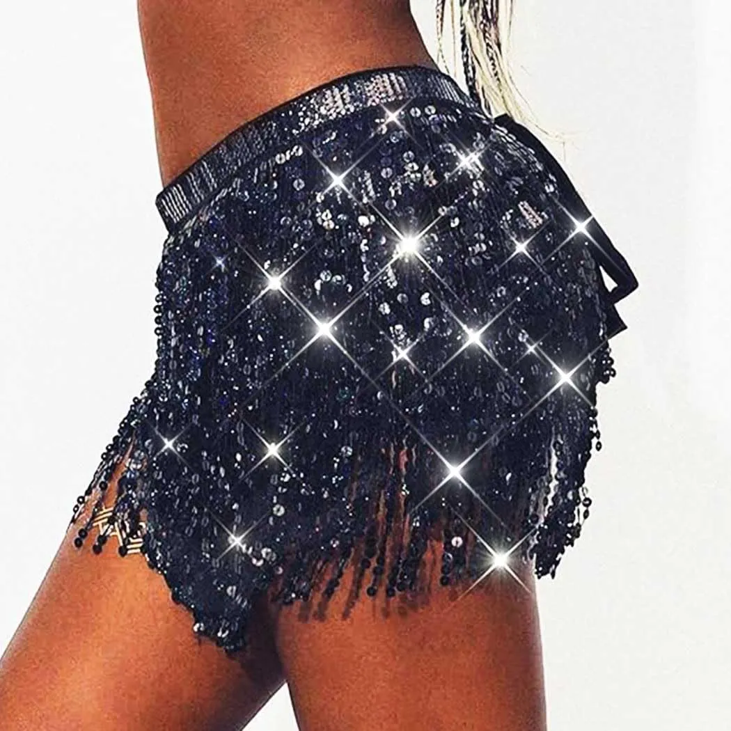 Christmas Sequin Tassel Skirt Belly Dance Skirt Sparkly Hip Scarf Skirt New Year Party Costume for Women