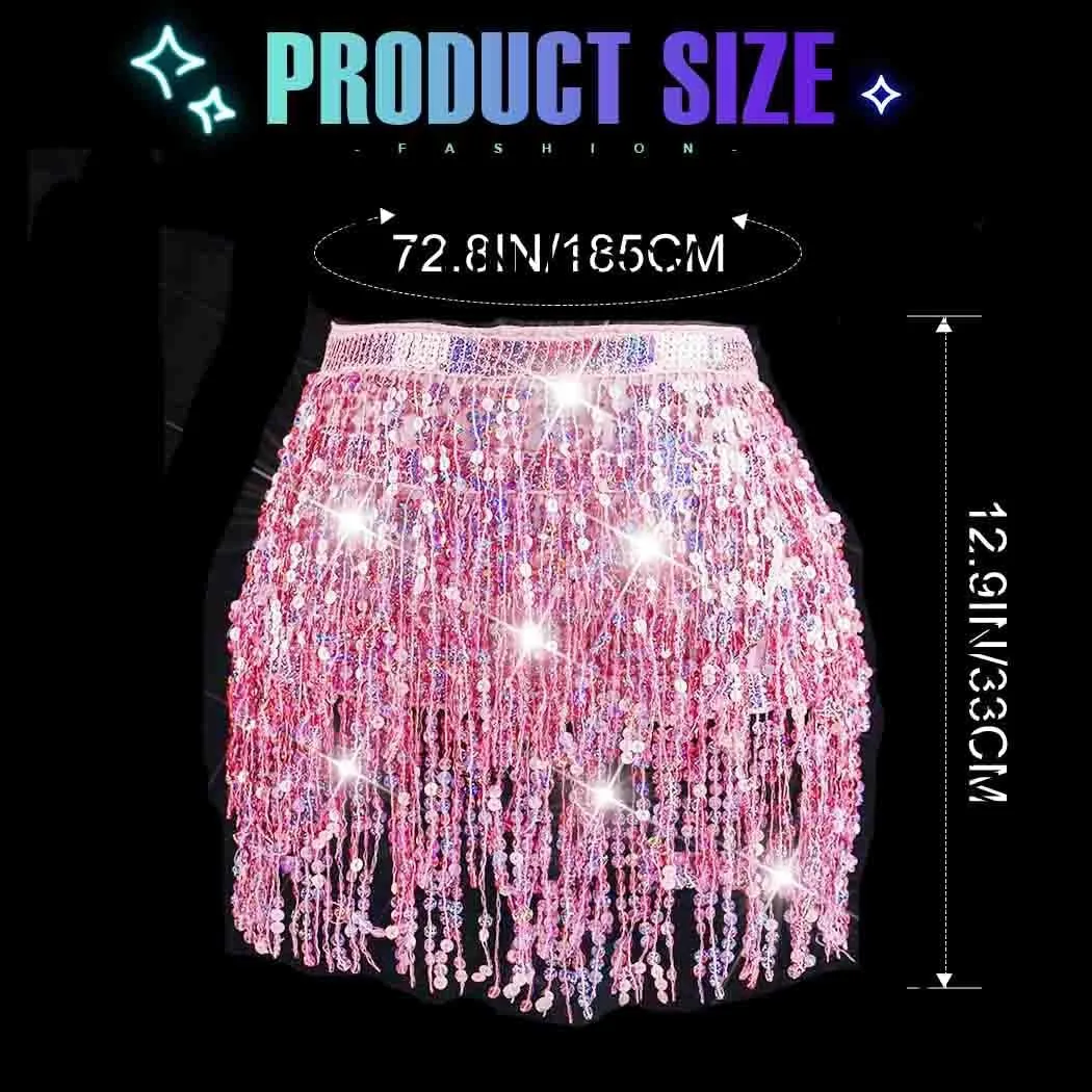 Christmas Sequin Tassel Skirt Belly Dance Skirt Sparkly Hip Scarf Skirt New Year Party Costume for Women