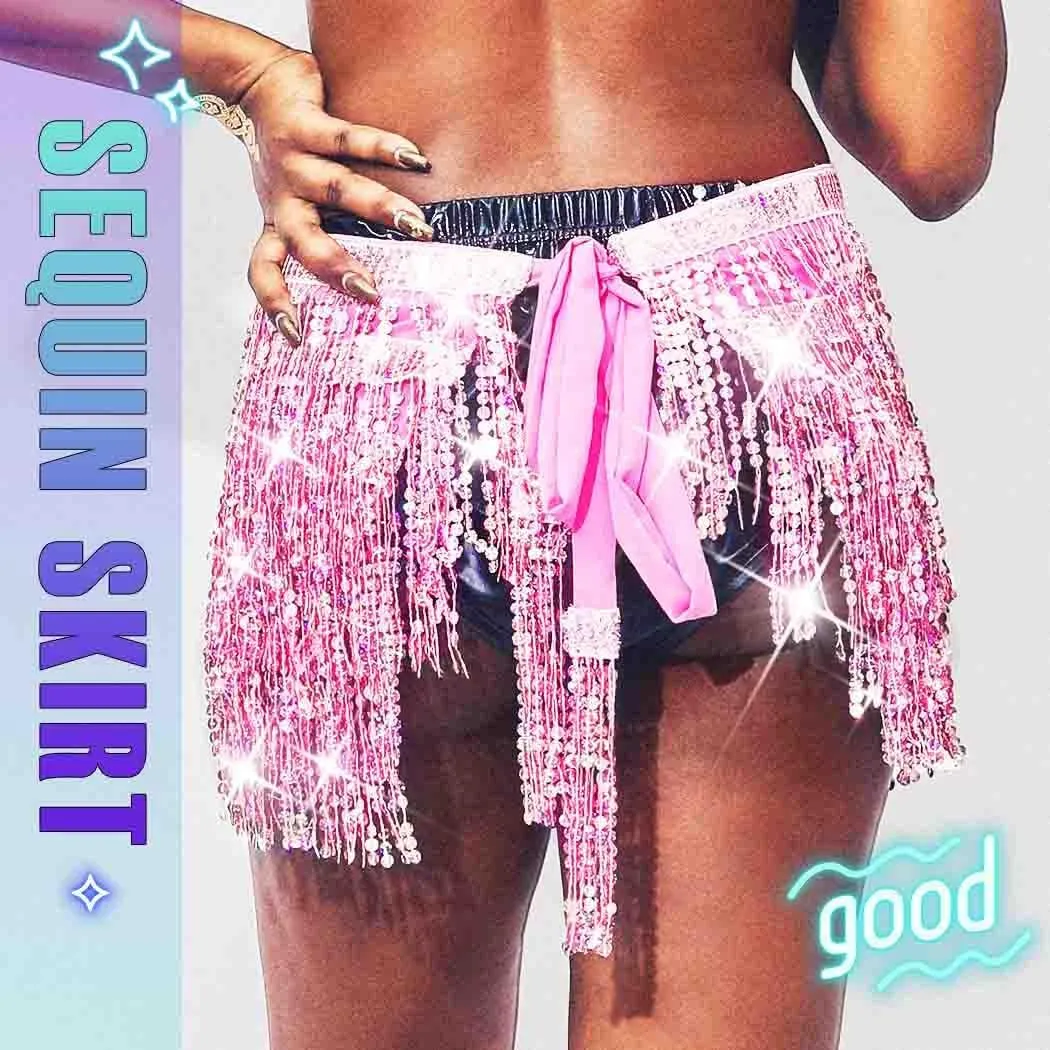 Christmas Sequin Tassel Skirt Belly Dance Skirt Sparkly Hip Scarf Skirt New Year Party Costume for Women