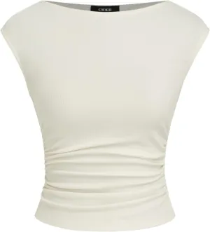 CIDER Women's Ruched Tank Top Boat Neck Sleeveless Top Knit Slim Fit Tank Top