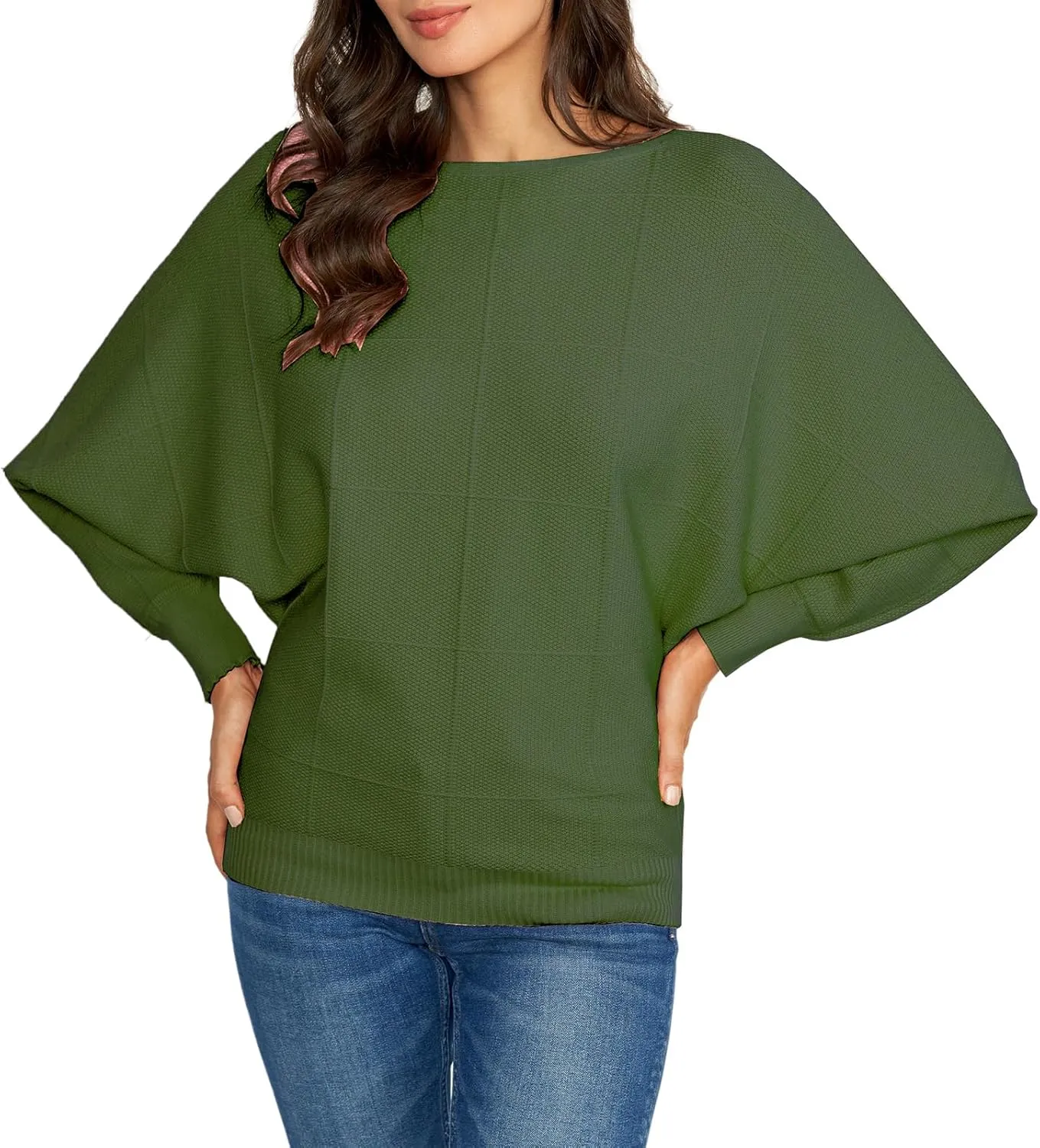 Ckikiou Women Cute Spring Fall Boatneck Batwing Soft Knitted Sweater for Women Casual Loose Long Sleeve Ribbed Pullover Top