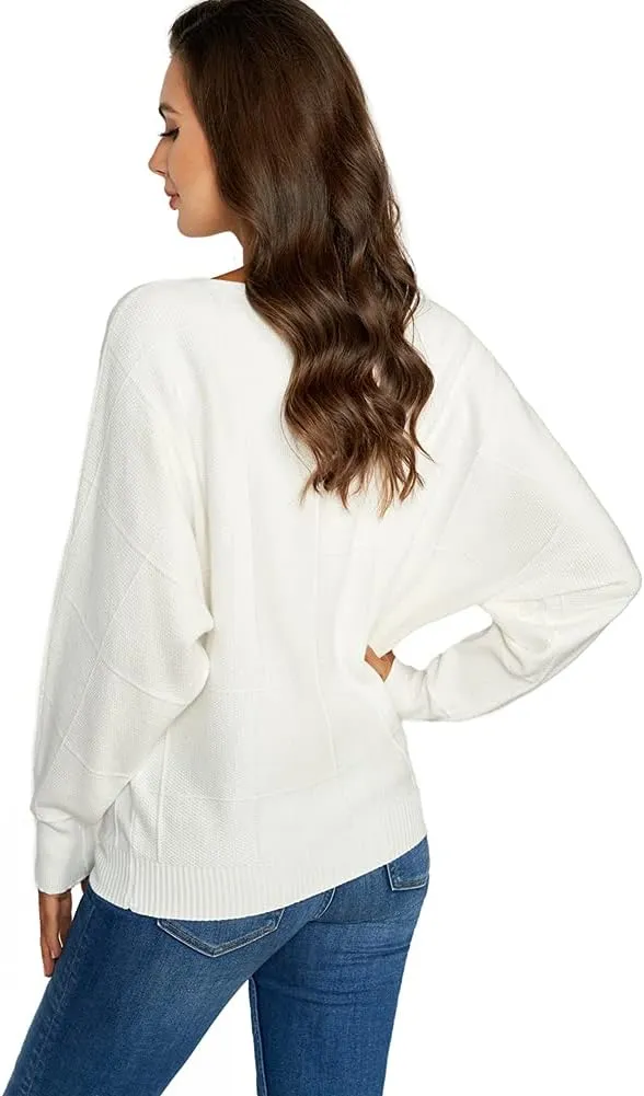 Ckikiou Women Cute Spring Fall Boatneck Batwing Soft Knitted Sweater for Women Casual Loose Long Sleeve Ribbed Pullover Top