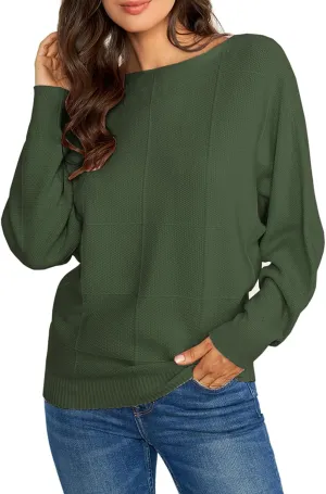 Ckikiou Women Cute Spring Fall Boatneck Batwing Soft Knitted Sweater for Women Casual Loose Long Sleeve Ribbed Pullover Top