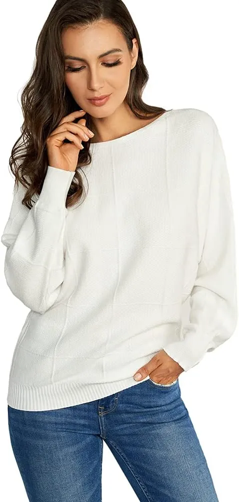 Ckikiou Women Cute Spring Fall Boatneck Batwing Soft Knitted Sweater for Women Casual Loose Long Sleeve Ribbed Pullover Top