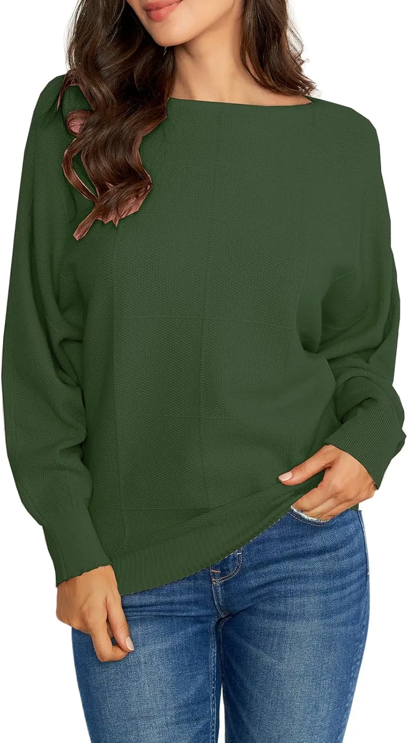 Ckikiou Women Cute Spring Fall Boatneck Batwing Soft Knitted Sweater for Women Casual Loose Long Sleeve Ribbed Pullover Top